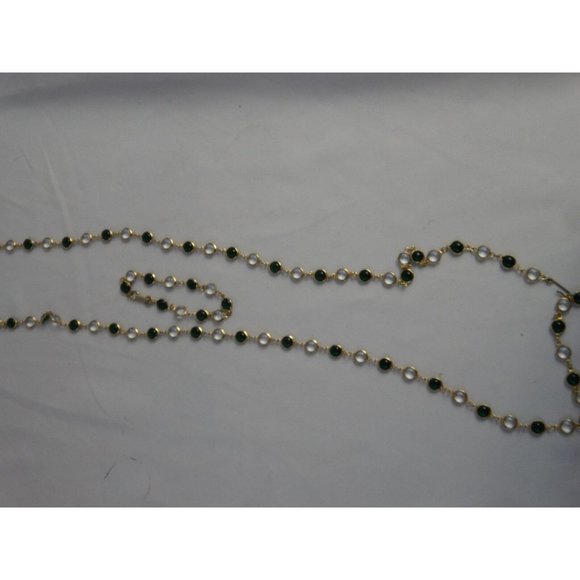 Vtg Glass Dome Crystal BEADS Gold Edged GREEN CLEAR Long Necklace & Bracelet JA - Picture 5 of 6